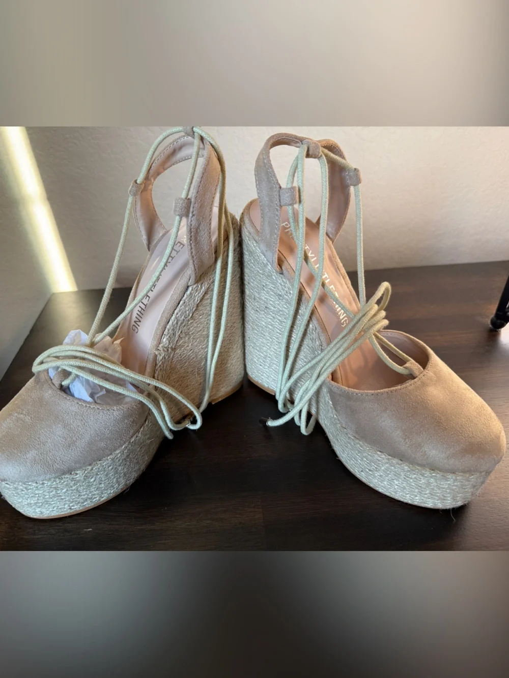 PrettyLittleThing Nude Suede Lace-Up Wedge Heels